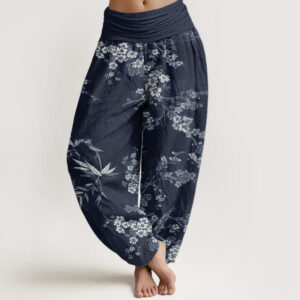 Buddha Stones Pure Cotton White Sakura Flower Pattern Women's Elastic Waist Harem Pants