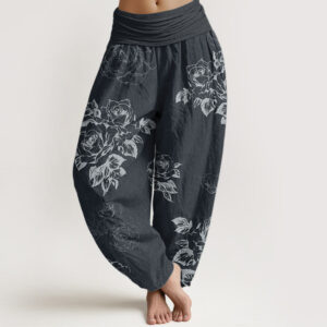 Buddha Stones Pure Cotton Casual Rose Peony Flowers Women's Elastic Waist Harem Pants
