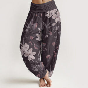 Buddha Stones Pure Cotton Casual Floral Leaves Women's Elastic Waist Harem Pants