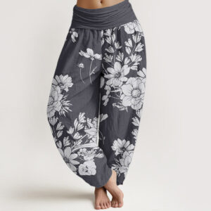 Buddha Stones Pure Cotton Casual Peony Leaves Women's Elastic Waist Harem Pants