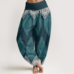Buddha Stones Pure Cotton Casual Feather Flower Design Women's Elastic Waist Harem Pants