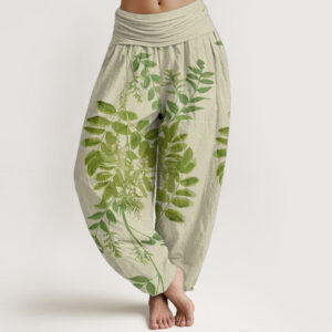 Buddha Stones Pure Cotton Green Leaves Branches Women's Elastic Waist Harem Pants