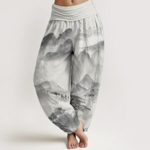 Buddha Stones Pure Cotton Mountains Trees Landscape Ink Painting Women's Elastic Waist Harem Pants