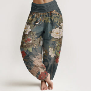Buddha Stones Pure Cotton Casual Peony Flowers Leaves Magpie Women's Elastic Waist Harem Pants