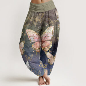 Buddha Stones Vintage Butterfly Pattern Women's Elastic Waist Harem Pants - DarkSeaGreen - US22，UK/AU26，EU54 (6XL) - image 1
