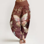 Buddha Stones Vintage Butterfly Pattern Women's Elastic Waist Harem Pants - Brown - US22，UK/AU26，EU54 (6XL) - image 5
