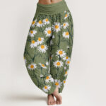 Buddha Stones White Petals Daisy Pattern Women's Elastic Waist Harem Pants - LimeGreen - US22，UK/AU26，EU54 (6XL) - image 1