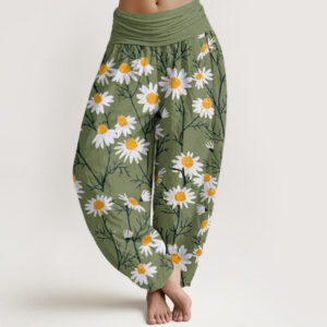 Buddha Stones White Petals Daisy Pattern Women's Elastic Waist Harem Pants - LimeGreen - US22，UK/AU26，EU54 (6XL) - image 1