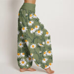 Buddha Stones White Petals Daisy Pattern Women's Elastic Waist Harem Pants - image 3