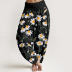 Buddha Stones White Petals Daisy Pattern Women's Elastic Waist Harem Pants - Black - US22，UK/AU26，EU54 (6XL) - image 5