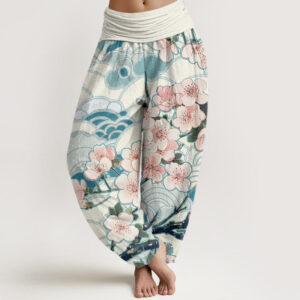 Buddha Stones Cherry Blossom Wave Pattern Women's Elastic Waist Harem Pants - RoyalBlue - US22，UK/AU26，EU54 (6XL) - image 1