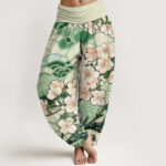 Buddha Stones Cherry Blossom Wave Pattern Women's Elastic Waist Harem Pants - ForestGreen - US22，UK/AU26，EU54 (6XL) - image 5