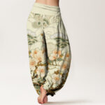 Buddha Stones Cherry Blossom Wave Pattern Women's Elastic Waist Harem Pants - image 9