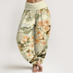 Buddha Stones Cherry Blossom Wave Pattern Women's Elastic Waist Harem Pants - OliveDrab - US22，UK/AU26，EU54 (6XL) - image 8