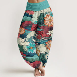 Buddha Stones Colorful Ocean Wave Various Flower Pattern Women's Elastic Waist Harem Pants - MediumTurquoise - US22，UK/AU26，EU54 (6XL) - image 1