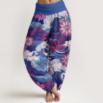 Buddha Stones Colorful Ocean Wave Various Flower Pattern Women's Elastic Waist Harem Pants - SlateBlue - US22，UK/AU26，EU54 (6XL) - image 8