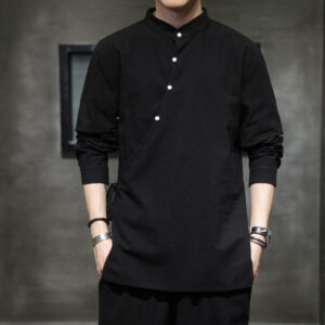 Buddha Stones Plain Lace-Up Simple Button Design Men's Long Sleeve Cotton Linen Shirt Clothing