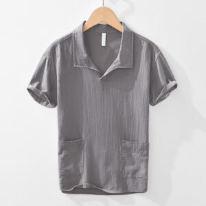 Buddha Stones Vintage Plain Simple Design Men's Short Sleeve Cotton Linen Shirt Clothing With Pockets