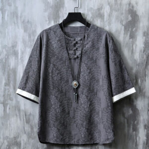 Buddha Stones Casual Retro Jacquard Chinese Frog-Button Design Men's Crew Neck Half Sleeve Cotton Shirt