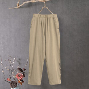 Buddha Stones Casual Pure Color Hollow Button Cuff Design Women's Cotton Linen Pants With Pockets