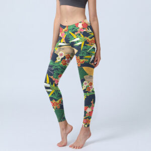 Buddha Stones Red Flowers Yellow-green Bamboo Pine Trees Print Gym Leggings Women's Yoga Pants - MediumSeaGreen - US18，UK/AU22，EU50 (4XL) - image 1