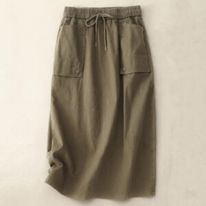Buddha Stones Vintage Plain Drawstring Button Design Slide Slite Women's Cotton Linen 7-8 Length Skirt With Pockets