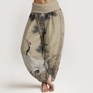 Buddha Stones Pure Cotton Casual Red-crowned Crane Pine Tree Mountain Women's Elastic Waist Harem Pants
