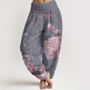 Buddha Stones Pure Cotton Casual Bright Peony Flower Butterfly Women's Elastic Waist Harem Pants