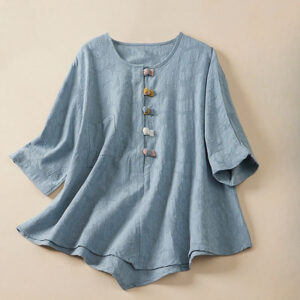 Buddha Stones Casual Flower Colorful Frog Button Half Sleeve Cotton Linen Women's Shirt