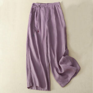 Buddha Stones Spring Casual Solid Color Drawstring Design  Women's Cotton Linen 7-8 Length Wide Leg Pants With Pockets