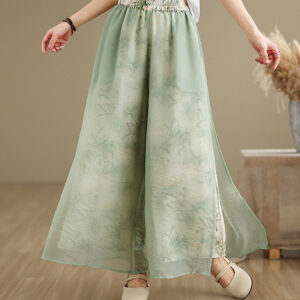 Buddha Stones Spring Vintage Printing Plant Pattern Double Layer Design Women's Cotton Wide Leg Pants With Pockets