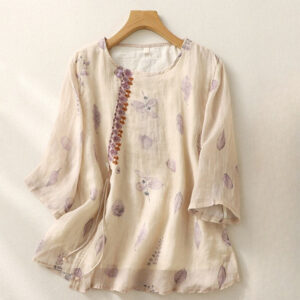 Buddha Stones Embroidery Design Leaves Women's Cotton Linen Three Quarter Sleeve Shirt
