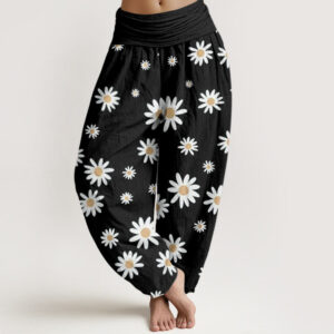Buddha Stones Casual White Daisy Pattern Women's Elastic Waist Harem Pants - Black - US22，UK/AU26，EU54 (6XL) - image 1