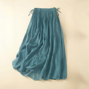 Buddha Stones Plain Lace Up Elastic Waist Cotton Women's Skirt With Pockets