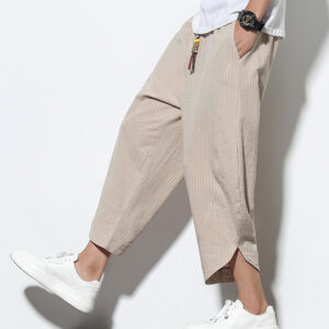 Buddha Stones Summer Stripes Pattern Drawstring Cotton Linen Men's 7-8 Length Harem Pants With Pockets