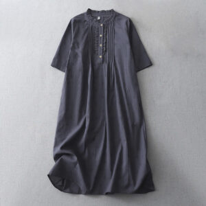 Buddha Stones Casual Retro Solid Color Button Ruffled Crew Neck Design Short Sleeve Cotton Linen Midi Dress With Pockets
