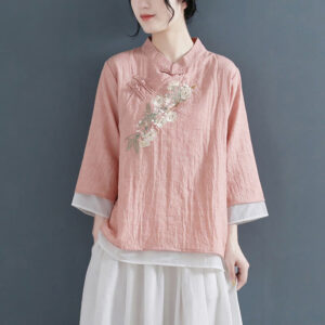 Buddha Stones Flower Embroidery Three Quarter Sleeve Frog-Button Mandarin Collar Cotton Linen Women's Shirt