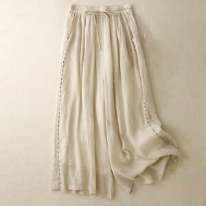Buddha Stones Commute Solid Color Embroidery Drawstring Women's Wide Leg Ankle-Length Cotton Pants With Pockets