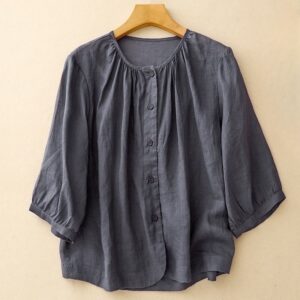 Buddha Stones Plain Button Crew Neck Design Women's Cotton blend Three Quarter Sleeve Shirt
