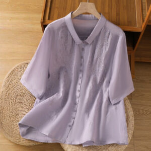 Buddha Stones Embroiderd Front Button Stand Collar Design Women's Cotton Short Sleeve Shirt