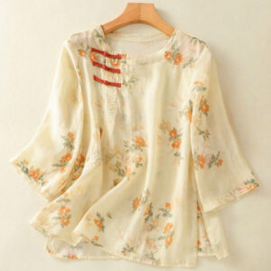 Buddha Stones Plant Printed Crew Neck Frog Button Design Women's Polyester Three Quarter Sleeve Shirt