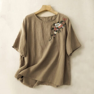 Buddha Stones Casual Summer Embroidered Crew Neck Women's  Cotton Short Sleeve T-shirt