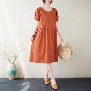 Buddha Stones Casual Solid Color Jacquard Crew Neck Short Puff Sleeve Cotton Linen Midi Dress