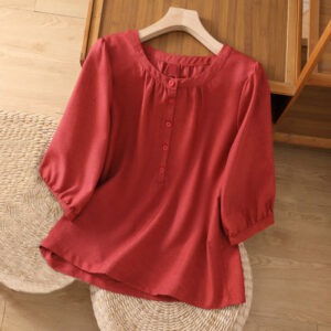 Buddha Stones Plain Button Crew Neck Design Women's Cotton Linen Three Quarter Sleeve Shirt