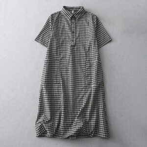 Buddha Stones Casual Vintage Plaid Pattern Lapel Short Sleeve Cotton Midi Dress With Pockets