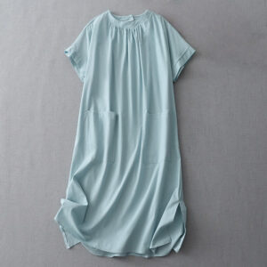 Buddha Stones Casual Pure Color Back Buttons Design Crew Neck Short Sleeve Cotton Linen Midi Dress With Pockets