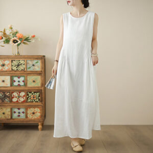 Buddha Stones FloralWhite Casual Back Buttons Design Sleeveless Cotton Midi Dress With Pockets