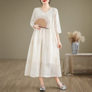 Buddha Stones Beige Casual Embroidery Three Quarter Sleeve Cotton Linen Midi Dress With Pockets