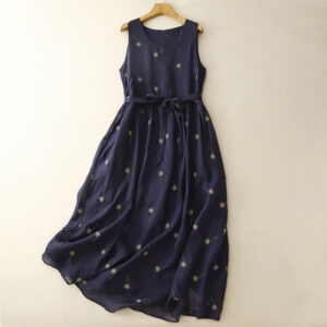 Buddha Stones MidnightBlue Printing Lace-Up Design Sleeveless Cotton Midi Dress With Pockets