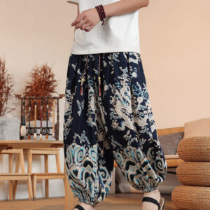 Buddha Stones Dragon Print Cotton Men's Harem Ankle-Length Pants With Pockets